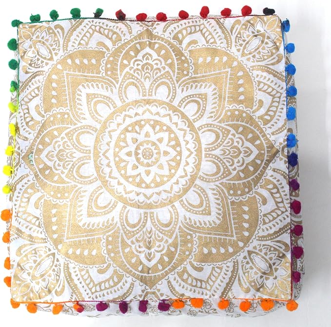 CRAFT KALA 24" Square Large Hippie Mandala Meditation Floor Ottoman Pillow Cushion Pouf Cover Square Poufs Bohemian Circle Floor Cushion Case Outdoor Fireplace Living Decor Cover White Gold Flower