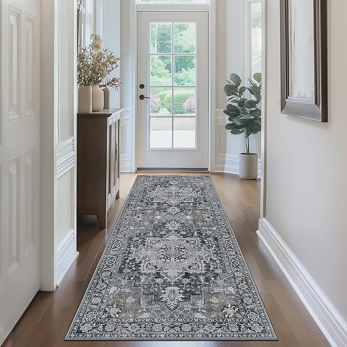 GENIMO 2x7 Runner Rugs for Hallway, Machine Washable Non Slip Vintage Rugs, Low Pile Lightweight Soft Print Rug for enrtyway, Corridor, Home Office, Kitchen,Dark Gray