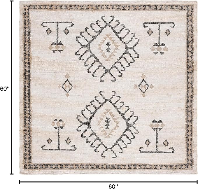 SAFAVIEH Kilim Collection Area Rug - 5' Square, Ivory & Black, Handmade Flat Weave Jute, Ideal for High Traffic Areas in Living Room, Bedroom (KLM762A)
