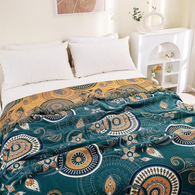 Boho Throw Blanket for Bed 100% Cotton Ultra Soft Rustic Quilt Spring Blanket- Farmhouse Decor Bed Fall Blanket,All Season Rustic Throw for Sofa Couch Chair (Boho-Floral-O, 80"×90")