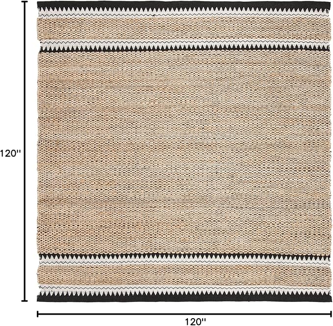 SAFAVIEH Natural Fiber Collection Area Rug - 10' Square, Natural & Black, Handmade Farmhouse Boho Coastal Rustic Jute, Ideal for High Traffic Areas in Living Room, Bedroom (NF874B)