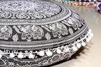 Round Mandala Floor Pillow Cover Seating Cushion Throw Cover Hippie Decorative Bohemian Ottoman Pouf Cover, Pom Pom Pillow Cases,Boho Indian 22 Inches (Black Elephant Flower)