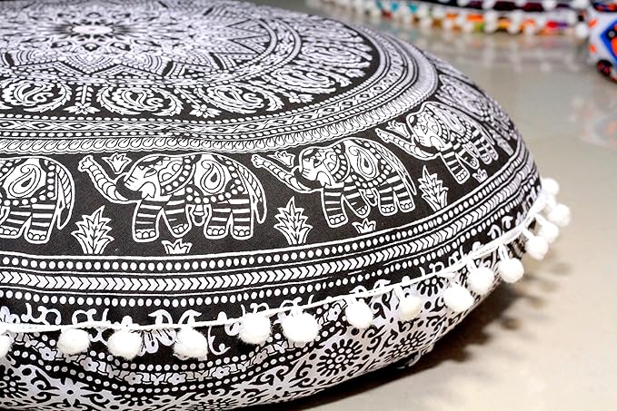 Round Mandala Floor Pillow Cover Seating Cushion Throw Cover Hippie Decorative Bohemian Ottoman Pouf Cover, Pom Pom Pillow Cases,Boho Indian 22 Inches (Black Elephant Flower)