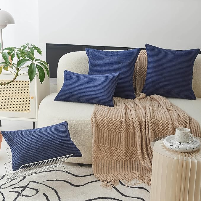 Home Brilliant Throw Pillow Covers 12x20 Decorative Plush Striped Velvet Corduroy Oblong Rectangular Accent Cushion Cover, 12 x 20 inch, Navy Blue