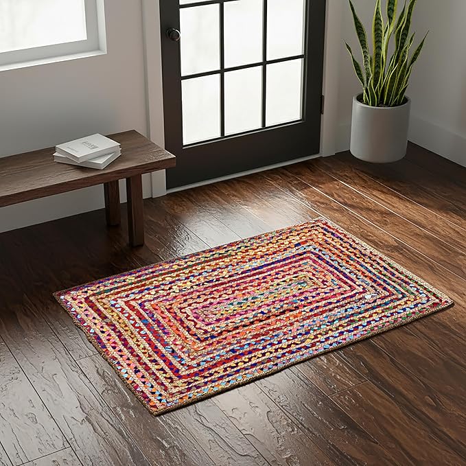 Jute Cotton Braided Rug, Multi Color - 2x3 Feet, Accent Reversible Hand Woven Doormat for Entryway, Kitchen, Living Room | Boho Rustic Floor Mat for Outdoor & Indoor Use - 24x36 Inches