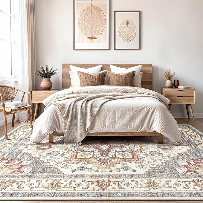 Washable Rug 10x14 Area Rugs: Boho Vintage Distressed Oriental Medallion Neutral Thin Large Rug Carpet for Living Room Bedroom Dining Room Home Office Decor - Orange Gray