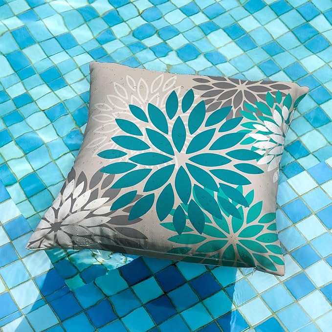 DFXSZ Dark Blue Green Outdoor Pillow Covers 20X20 Inch Set of 2 Spring Teal Flower Pillow Case Outdoor Waterproof Decor for Patio Funiture Garden Polyester pillowcovers 002D20