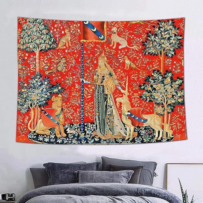 FEASRT European Royal Tapestry Medieval Princess Tapestry, 60x40 Inches Soft Flannelette, Lady and Unicorn for Living Room Bedroom Dorm Decor