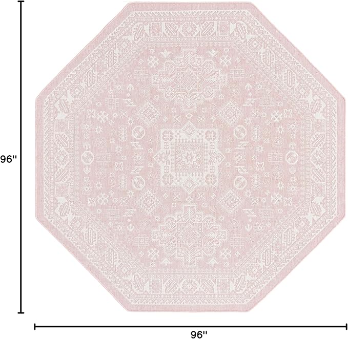 Rugs.com Outdoor Aztec Collection Rug – 8 Ft Octagon Pink Flatweave Rug Perfect for Living Rooms, Kitchens, Entryways
