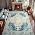 YJ.GWL Area Rugs for Living Room 9x12 Machine Washable Rugs, Non Slip Floral Vintage Rug Indoor Carpet, Stain Resistant Large Rug for Bedroom Dining Room, Dark Blue
