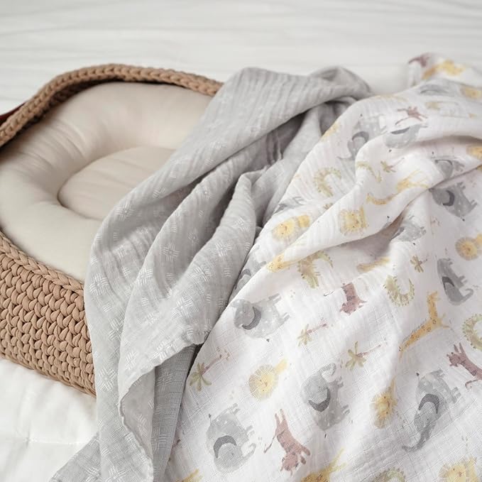 Gerber Baby Unisex 2-Pack Muslin Blanket, Animals + Geos Neutral, One Size