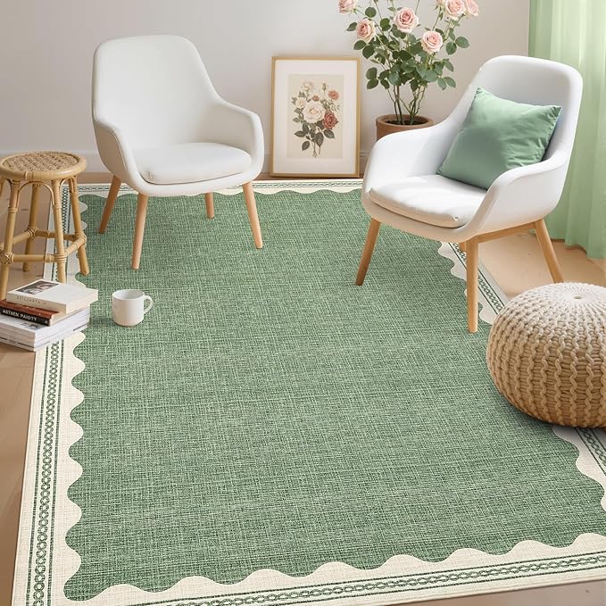 GarveeHome Scalloped Washable Rugs 5x7 Rug for Living Room, 5 x 7 Rug Solid Sage Green Modern Low-Pile Carpet for Bedroom Dining Nursery Non Slip Mat with Rubber Back