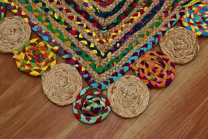 Square Area Rug - 3x3 Feet Multicolor Cape Code Chindi Cotton Jute Rug Geometric Kilim Rug Indoor Outdoor Use Carpet Flatweave Rugs for Bedroom Bedside Custom Mat Dining Table Mat