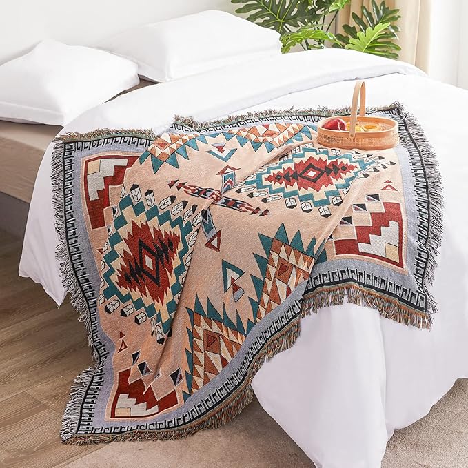 Touchat Native American Blanket Boho Throw Blanket for Sofa and Bed, Mexican Decorative Farmhouse Blanket, Southwest Decor Woven Blankets, Aztec Throw Blankets Bohemian with Tassel(Brown,50×60 inch)