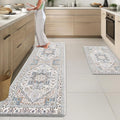 Arttown Kitchen Mats for Floor 2Pcs-Anti Fatigue Non Slip Mats for Kitchen Floor, Cushioned Waterproof & Stain-Resistant Boho Stripe Square Mat Set, Laundry Room, Office, Sink, Desk (White/Blue)