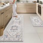 Arttown Kitchen Mats for Floor 2Pcs-Anti Fatigue Non Slip Mats for Kitchen Floor, Cushioned Waterproof & Stain-Resistant Boho Stripe Square Mat Set, Laundry Room, Office, Sink, Desk (White/Blue)