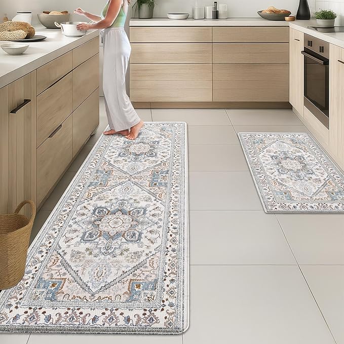 Arttown Kitchen Mats for Floor 2Pcs-Anti Fatigue Non Slip Mats for Kitchen Floor, Cushioned Waterproof & Stain-Resistant Boho Stripe Square Mat Set, Laundry Room, Office, Sink, Desk (White/Blue)
