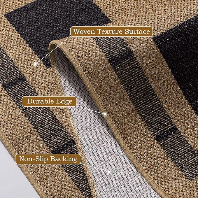 Vasofe 2x6 Runner Rug for Hallway, Washable Checkered Jute Rugs, Outdoor Indoor Patio Porch Balcony Bedroom Kitchen Laundry Geometric Mat, Non Slip Plaid Farmhouse Design Carpet, Black and Brown