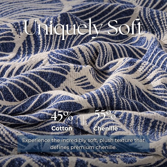 DOWN HOME Chenille Cotton Throw Blanket for Couch, Lightweight Boho Blanket for Bed Sofa Chair Living Room Outdoor Soft Woven Decorative Blanket with Tassel Gift Navy Leaves 55"x60"