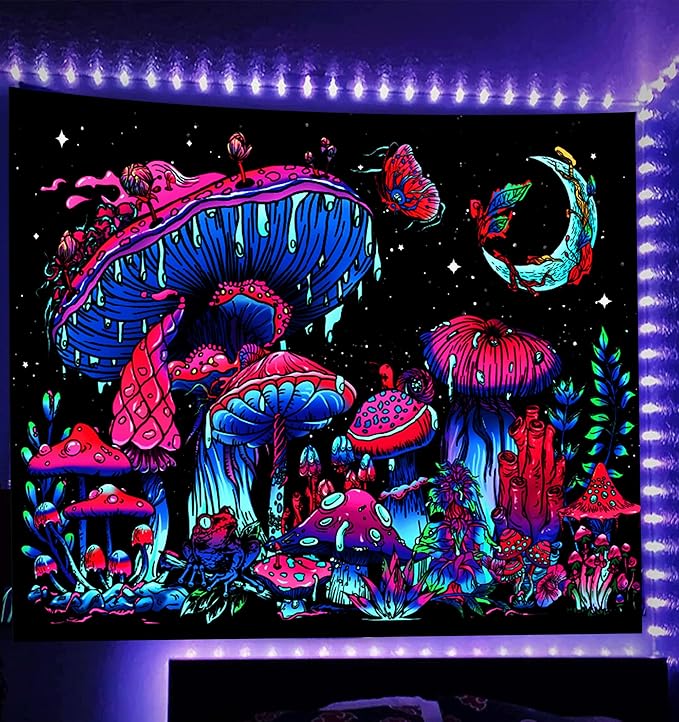 TUGCAY Blacklight Mushroom Tapestry, Glow In The Dark Tapestry Black Light Plant Fantasy UV Reactive Mushroom Butterfly Moon Tapestries Posters Wall Hanging for Bedroom Dorm Decor(70"x90")