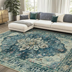 Area Rugs 6'x9' Washable Non-Slip, Floral Vintage Distress Print Pattern Medallion Carpet for Living Room Bedroom Dining Room, Dark Blue Vintage