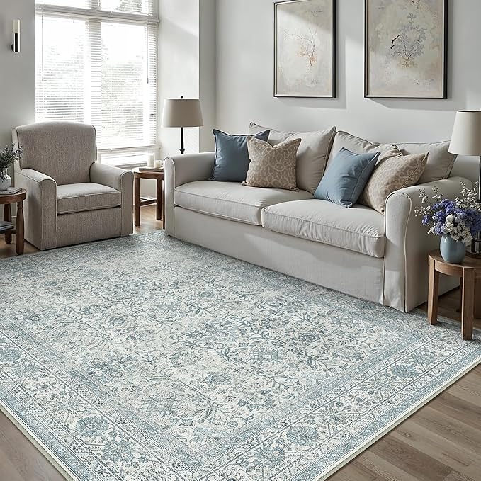 Area Rug 5x7 Blue Washable Living Room Carpet Soft Non Slip Vintage Bedroom Indoor Office Traditional Retro Distressed Throw Large Rug for Dining Room Bathroom Kitchen