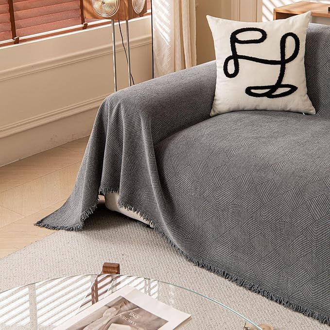 ROOMLIFE Dark Gray Waterproof Sofa Cover, Boho Couch Cover For 3 Cushion Sofa, Non Slip Chenille Sofa Slipcovers For Dog, Washable Furniture Sofa Protector Cover With Tassel For Living Room, 71''X118”