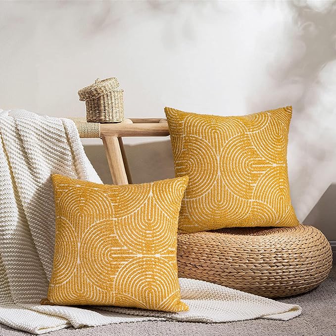 AELS Boho Decorative Textured Throw Pillow Covers 22x22, Organic Modern Mid Century Rainbow Tufted Pillow Case, Farmhouse Rustic Geometric Woven Cushion Case for Bed Couch Sofa, Mustard Yellow