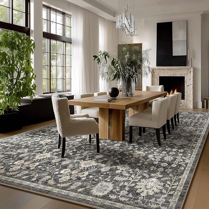 Washable Rugs for Living Room: 9x12 Area Rugs for Bedroom Ultral Soft Non-Slip Stain Resistant Vintage Boho Large Carpet for High-Traffic Dining Room - Farmhouse Decor