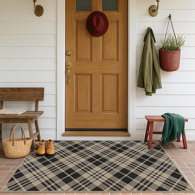 JTJ Vintage Outdoor Entrance Rugs 3x5 - Easy Jute Woven Rug for Indoor Area, Kitchen, Bedroom, Washable Low Pile Black and White Classic Decor