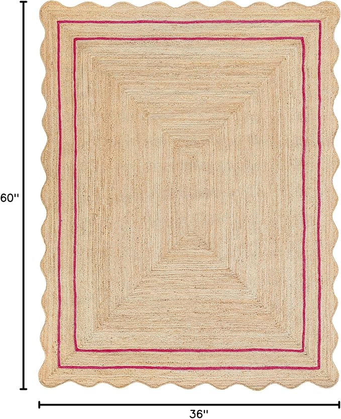 Wave Scalloped Natural Jute Rug Boho Jute Rug Entryway Runner Rug Farmhouse Scallop Rug, Dark Pink (3'x5')