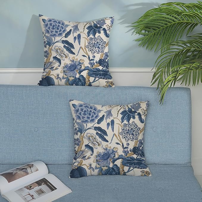 Blue Pillow Covers 16x16 Inch Set of 2 Vintage Blue Floral Throw Pillows Chinoiserie Flower Decorative Pillow Cases Outdoor Linen Farmhouse Cushion Cover for Couch Home Sofa Bed Decorations