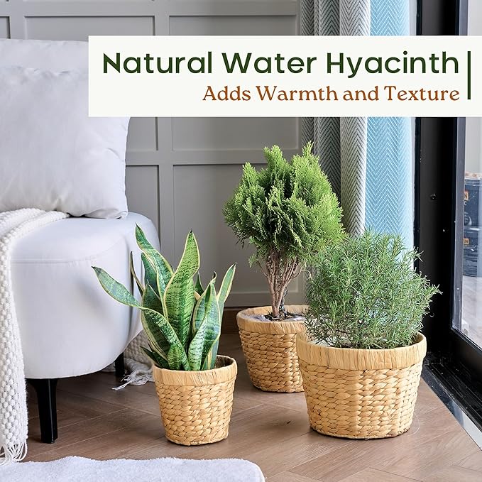 Indoor Water Hyacinth Plant Basket Set of 3, Woven Planter Baskets with Plastic Liner for Plants, Handwoven Plant Pots Decorative Wicker Planters for Home Décor (Saucer NOT Included)