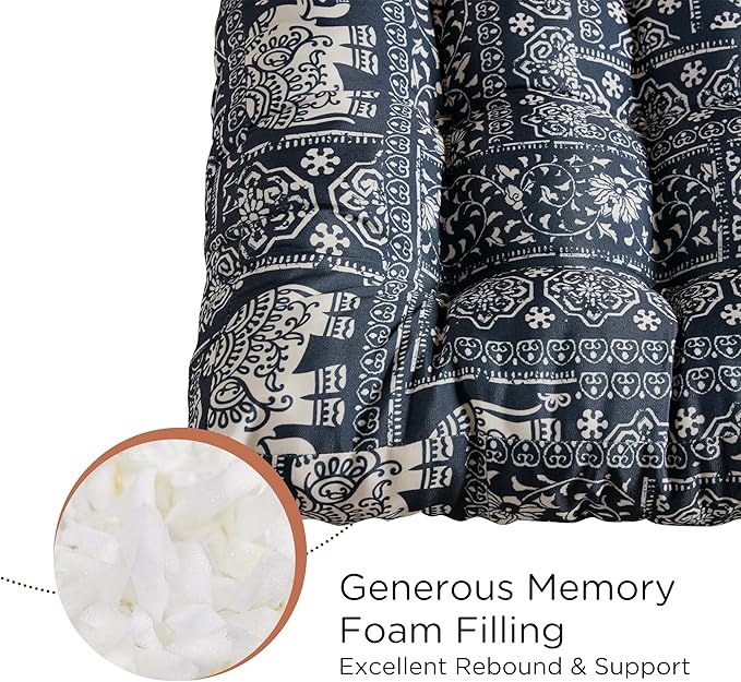Codi Meditation Floor Pillow Set of 2, Large Pillows Seating for Adults and Kids, Bohemian Cushion for Fireplace Yoga Living Room Sitting, Memory Foam Added, 22x22 Inch Indigo Elephant