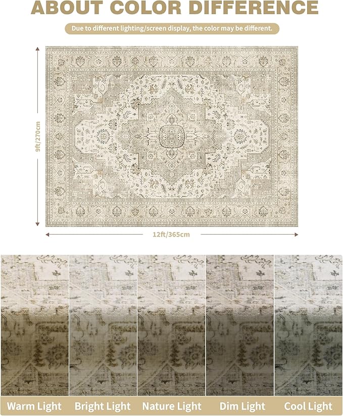 Washable Rugs 9x12, Large Area Rugs 9x12 Living Room with Non-Slip Backing, Super-Soft Floral Vintage Rug, Low Pile Area Rug for Bedroom, Dining Room, Office (Ivory/Beige, 9'x12')