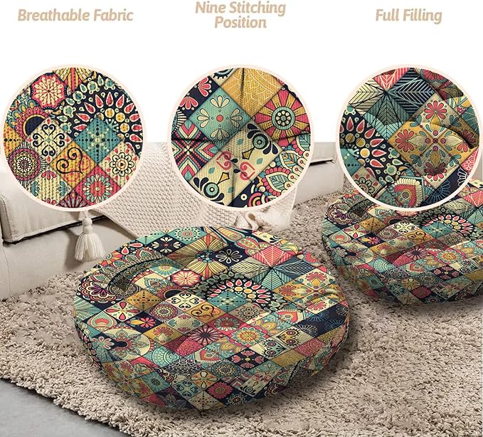 Mandala Meditation Cushion, Boho Meditation Mat, Meditation Pillows for Sitting on Floor, Cushions for Sitting in Home and Outdoor, Round Floor Pillows Cushion Seating for Yoga Accessories 22'' X 22''