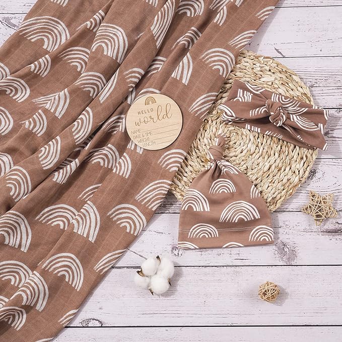 BabyWhale Muslin Swaddle Blanket with Hat and Headband Bow, Boho Rainbow Pattern Swaddle Set for Baby Boys & Girls, Unisex Silky Soft Breathable Receiving Wrap, 47x47 inches, Brown