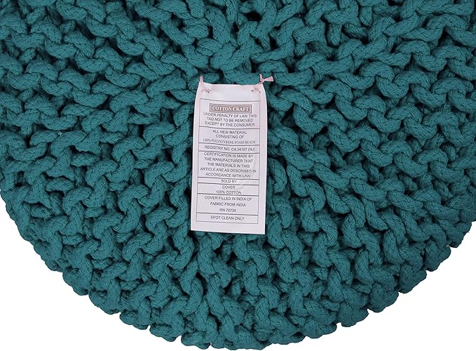 COTTON CRAFT Braided Round Pouf - Hand Knitted Cotton Cord Cable Dori Cylindrical Ottoman - Foot Stool - Floor Pouf - Footrest - Accent Seat - Living Room Bedroom Dorm Décor - 15 Round x 16 H - Teal