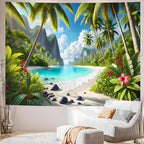 AOHMPT Ocean Sunset Tapestry, Beach Evening Sunset Tapestry, Natural Beach Palm Tree Landscape Poster, Seaside Landscape Wall Hanging for Bedroom, Dorm Room and Living Room Wall Decor 79" L x 59" W