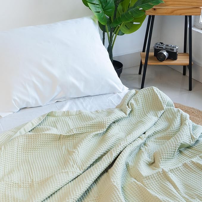 Salt Earth GOTS Certified 100% Organic Cotton Throw Blanket, 90"x90" Waffle Blankets & Throws for Bed, Throw Blanket for Couch, Cozy Christmas Blankets and Throws for Christmas Gifts (Sea Foam)