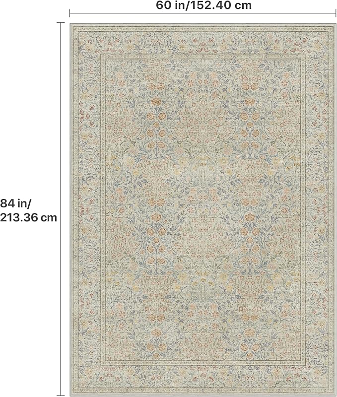 GENIMO 5x7 Area Rug for Living Room, Washable Vintage Floral Low-Pile Non-Slip Carpet for Bedroom Dining Room, Stain Resistant Botanical Accent Rug (Beige)