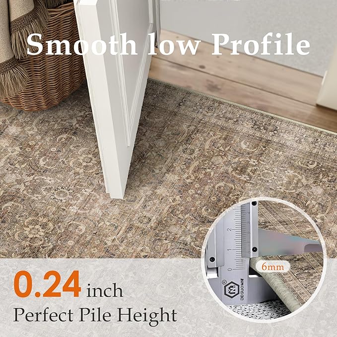 HUGEAR 2x10 Runner Rug Hallway Vintage Brown Machine Washable Retro Floral Low Pile Carpet Vacuumable Distressed Long Throw Rug Bedroom Office Bathroom Kitchen Laundry Non Slip Soft Lightweight
