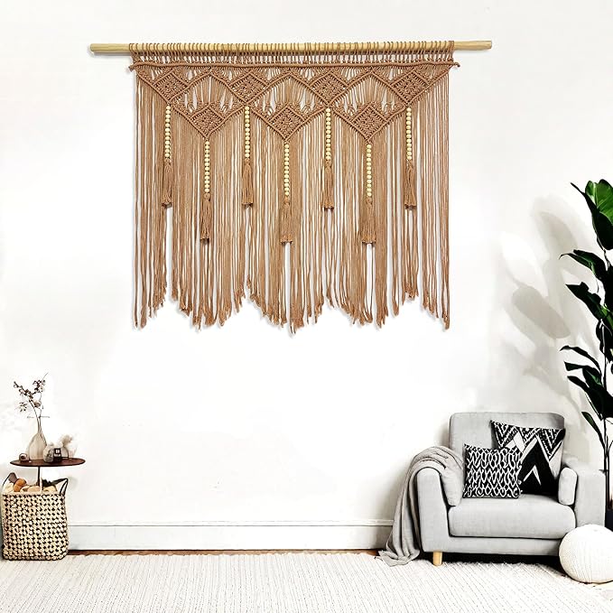 Youngeast Large Macrame Wall Hanging Boho Woven Tapestry Bohemian Macrame Wall Decor Handmade Tassel Tapestry Home Decoration for Bedroom Living Room 39"X31" (Wood Dowels Not Included) (Khaki)
