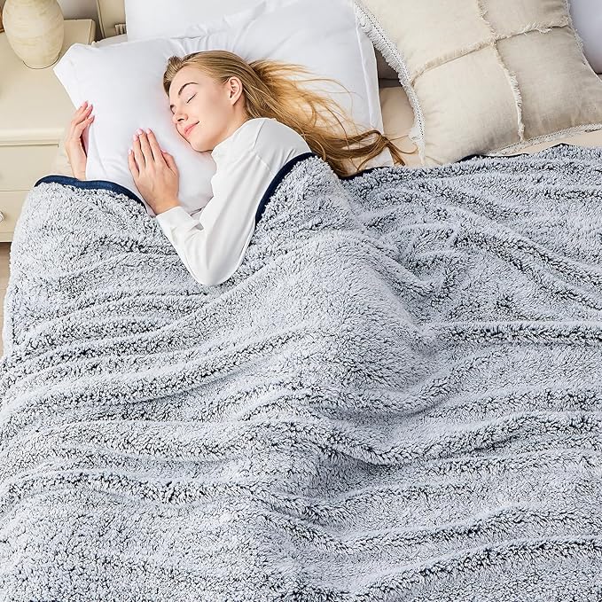 EMME Soft Sherpa Throw Blanket Fleece Reversible Plush Fluffy Blanket, Light Weight Warm Decorative Boho Blanket Cover for Sofa, Couch, Bedroom,Travel(Plush Navy,50"x60")