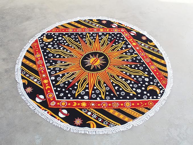 Round Beach Tapestry Turquoise Mandala Throw/Boho Hippie Beach Blanket Roundie/Indian Cotton Bohemian Large Round Table Cloth-Home Decor/Yoga Mat Meditation Picnic Rug (42", Yellow)
