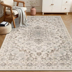 3x5 Area Rugs Living Room Rug: Washable Vintage Distressed Floral Rug No Slip Stain Resistant Soft Carpet Indoor Floor Large Carpets for Bedroom Dining Room Farmhouse Nursery Home Office Brown Beige