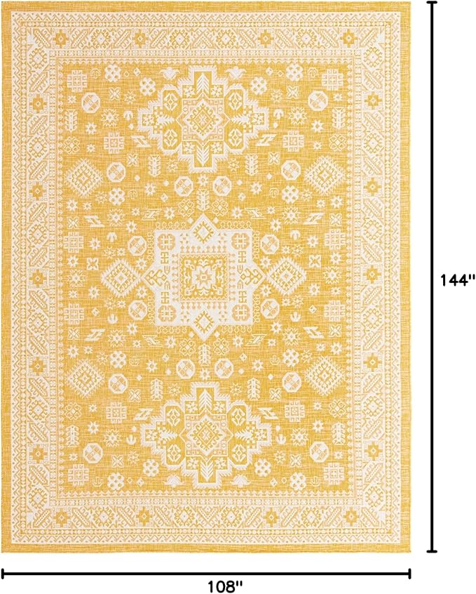Rugs.com Outdoor Aztec Collection Rug – 9' x 12' Yellow Flatweave Rug Perfect for Living Rooms, Large Dining Rooms, Open Floorplans