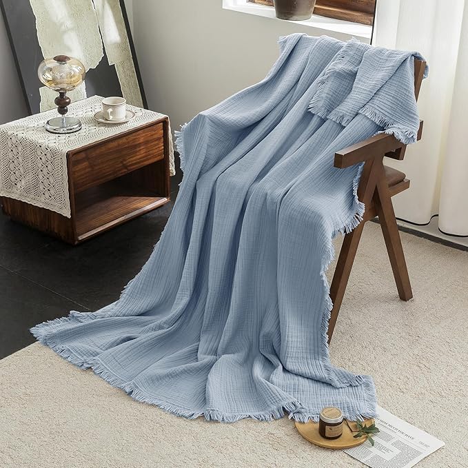 FOSSA Muslin Blanket with Fringe - 4-Layer 100% Cotton Gauze Super Soft & Breathable Throw -Lightweight Decorative Cooling Blanket for Bed, Sofa, Office (Cornflower Blue, Queen (90" × 90"))