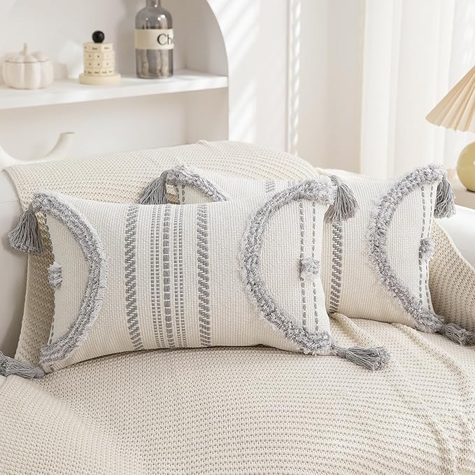 Boho Throw Pillow Covers 12x20 Set of 4 Cotton Woven Tufted Farmhouse Lumbar Pillows Covers with Tassels Outdoor Neutral Decorative Pillowcases Rectangle Textured Accent Cushion for Couch Bed Sofa
