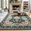 Amearea Vintage Design Black Area Rugs for Living Room, 5x8 Machine Washable Floral Collection Traditional Bedroom Rug, Low Pile Kids Room Carpet, No Slip Office Kitchen Home Decor, Black and Green